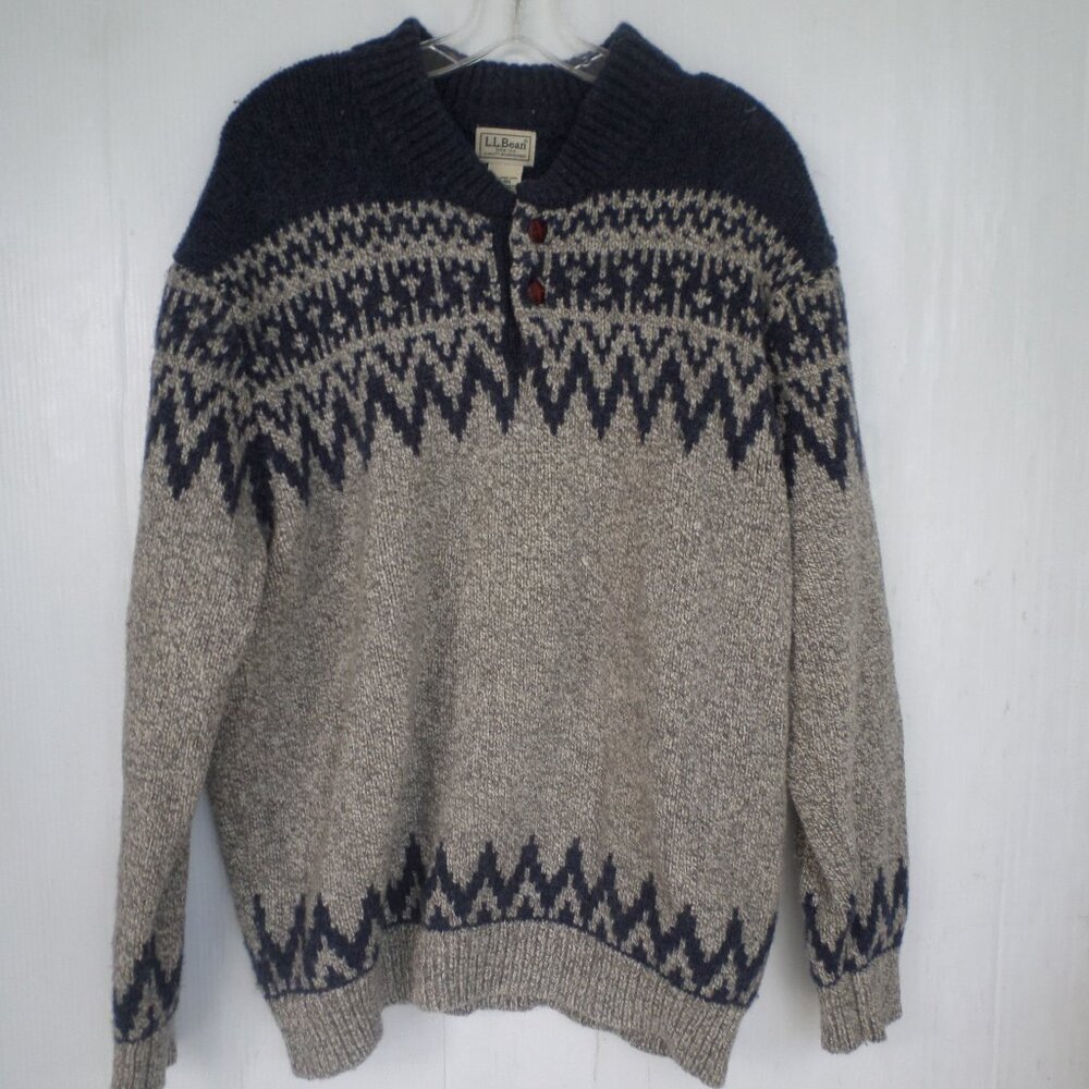 L. L. Bean Fair Isle Lamb's Wool Nordic Sweater Mens Size XL Grey/Black